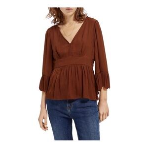 Scotch & Soda Brown Rust Orange V-Neck Ruffle Sleeve Peplum Blouse